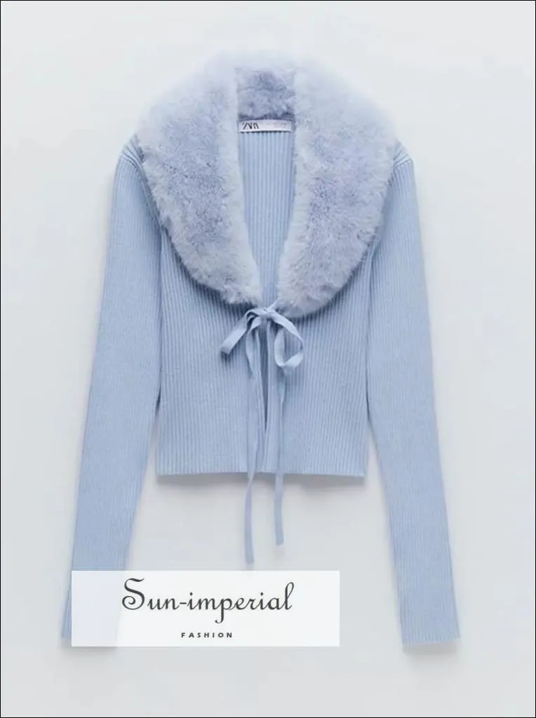 Women White Plush Faux Fur Collar and Cuff Knit Cropped Cardigan