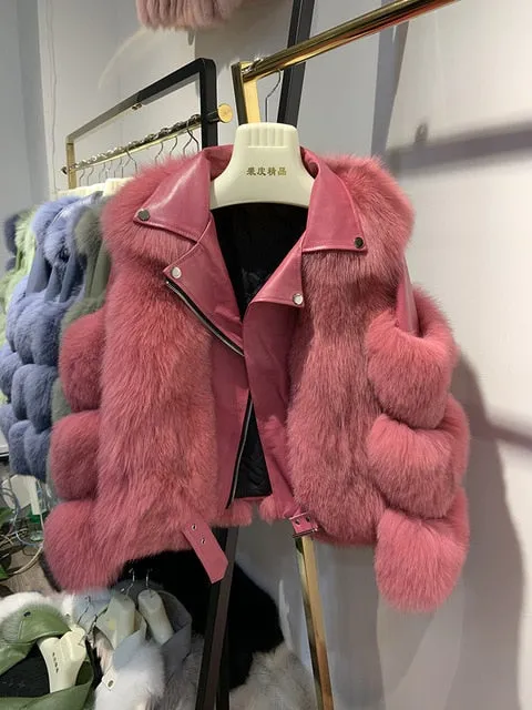 Women'a Authentic Fur & Genuine Leather Zip Up Jacket