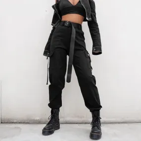 Women's Black High Waist 4 Pocket Strapped Cargo Pant