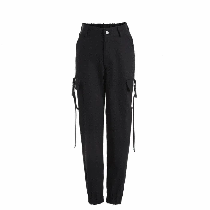 Women's Black High Waist 4 Pocket Strapped Cargo Pant