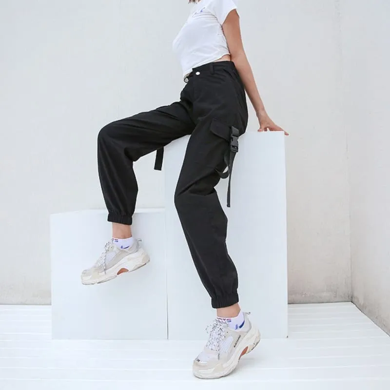 Women's Black High Waist 4 Pocket Strapped Cargo Pant