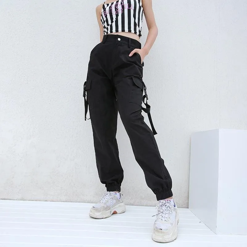 Women's Black High Waist 4 Pocket Strapped Cargo Pant