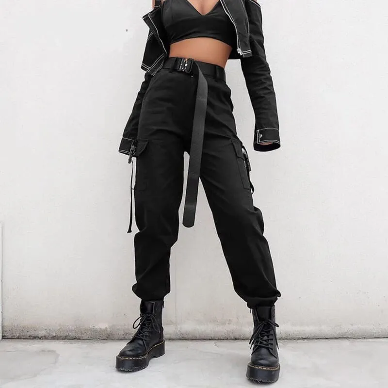 Women's Black High Waist 4 Pocket Strapped Cargo Pant