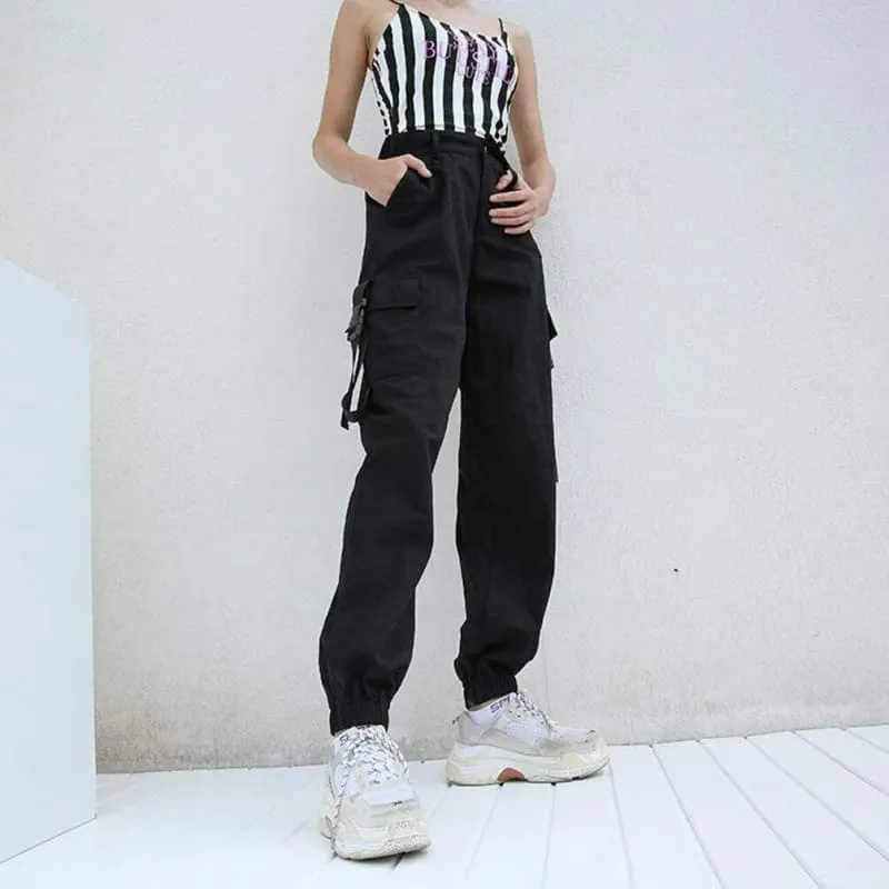 Women's Black High Waist 4 Pocket Strapped Cargo Pant