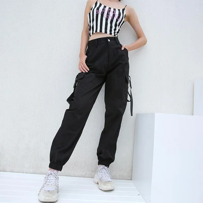Women's Black High Waist 4 Pocket Strapped Cargo Pant