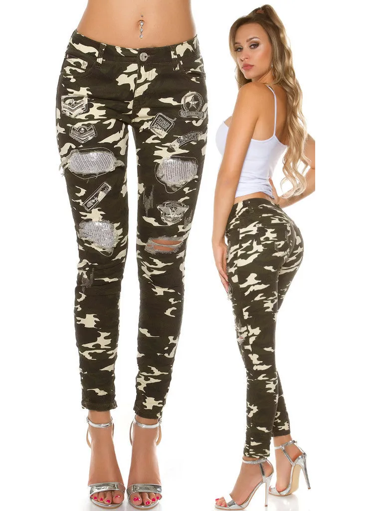 Women's Girls Stylish Ladies lightweight skinny distressed camouflage Trousers