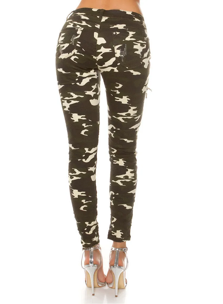Women's Girls Stylish Ladies lightweight skinny distressed camouflage Trousers