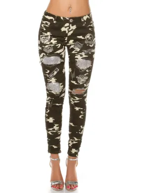 Women's Girls Stylish Ladies lightweight skinny distressed camouflage Trousers