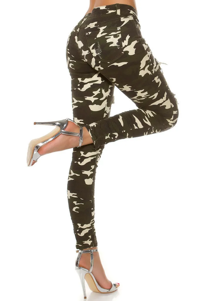 Women's Girls Stylish Ladies lightweight skinny distressed camouflage Trousers
