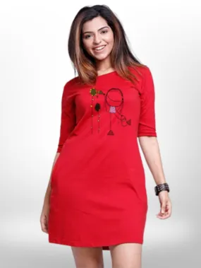 WOMEN'S PRINTED PAINTING THREE QUARTER SLEEVE T-SHIRT SIDE POCKET