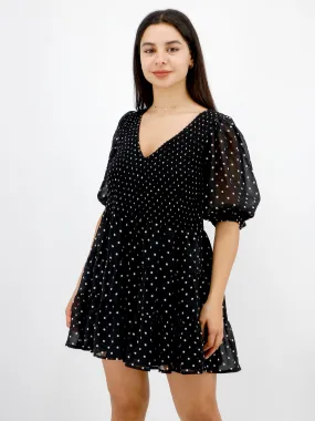 Women's Smocked Waist Polka Dots Mini Dress,Black