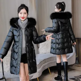 Women's Winter Down Jacket with Fur Collar Hooded Coat Cotton Padded Thick Overcoat