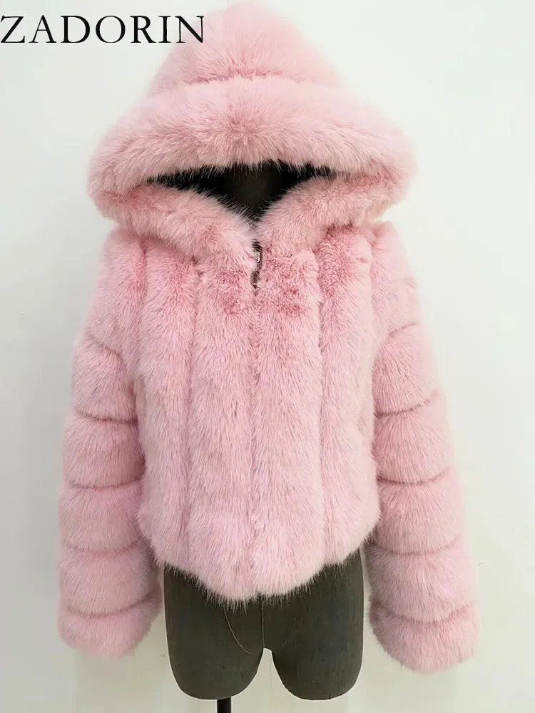 ZADORIN Winter Fur Top for Women Mink Coat Hooded Cropped Faux Fur Coat Women Fluffy Pink White Jacket Faux Fur Coats Outerwears