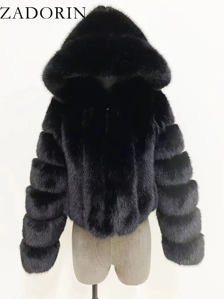 ZADORIN Winter Fur Top for Women Mink Coat Hooded Cropped Faux Fur Coat Women Fluffy Pink White Jacket Faux Fur Coats Outerwears