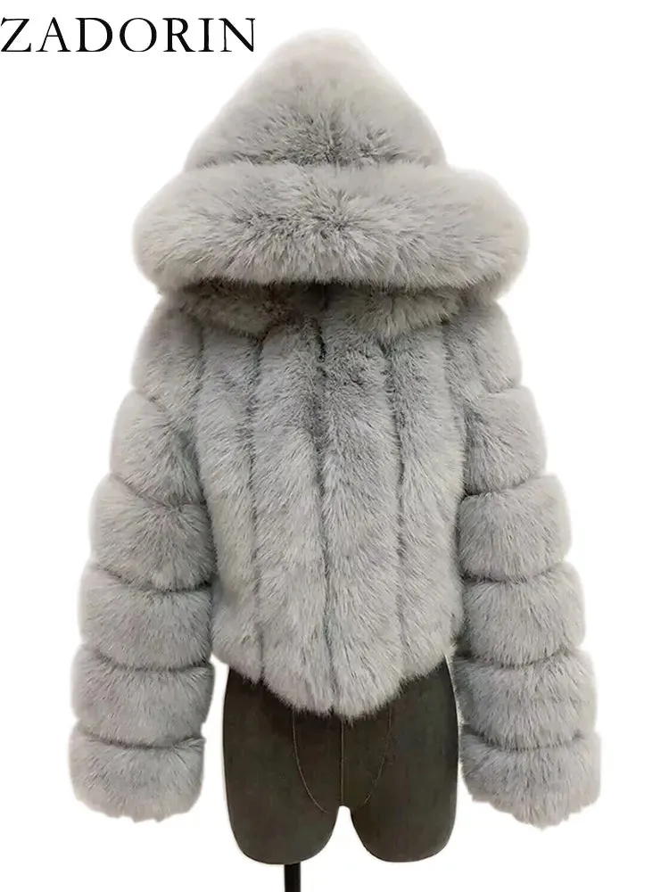 ZADORIN Winter Fur Top for Women Mink Coat Hooded Cropped Faux Fur Coat Women Fluffy Pink White Jacket Faux Fur Coats Outerwears
