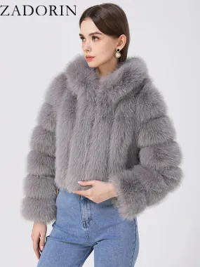 ZADORIN Winter Fur Top for Women Mink Coat Hooded Cropped Faux Fur Coat Women Fluffy Pink White Jacket Faux Fur Coats Outerwears