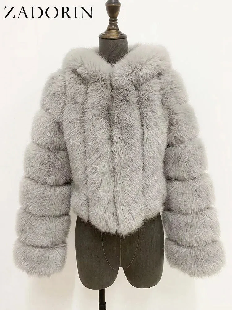 ZADORIN Winter Fur Top for Women Mink Coat Hooded Cropped Faux Fur Coat Women Fluffy Pink White Jacket Faux Fur Coats Outerwears