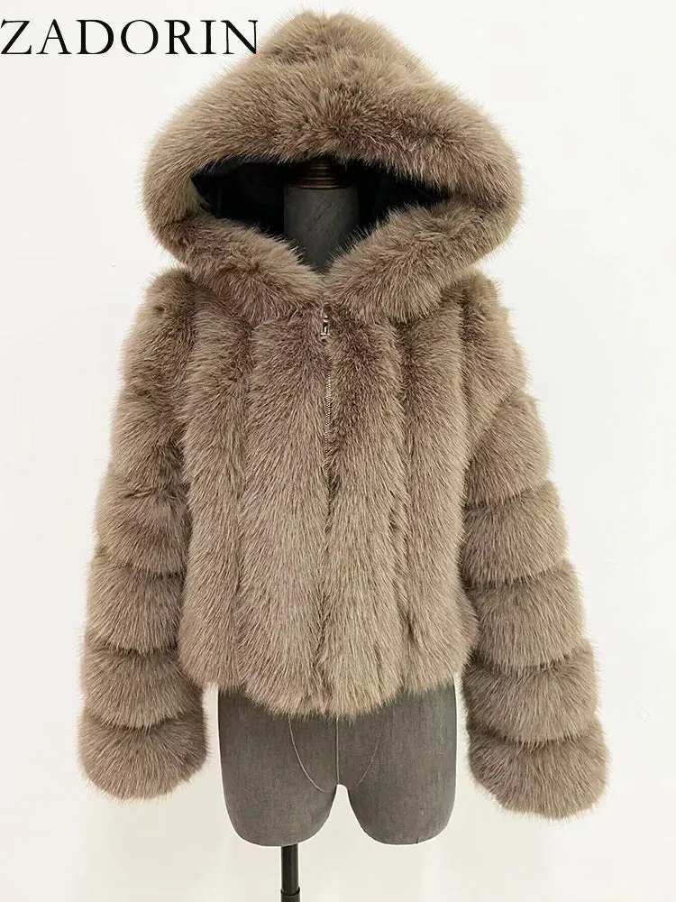 ZADORIN Winter Fur Top for Women Mink Coat Hooded Cropped Faux Fur Coat Women Fluffy Pink White Jacket Faux Fur Coats Outerwears