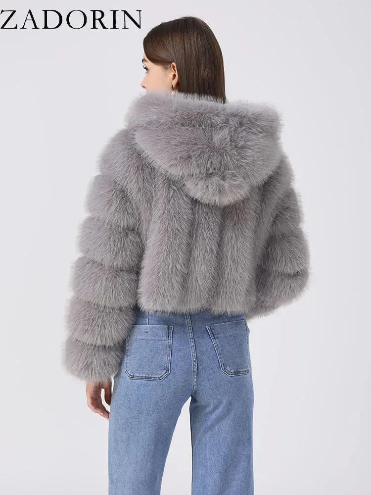 ZADORIN Winter Fur Top for Women Mink Coat Hooded Cropped Faux Fur Coat Women Fluffy Pink White Jacket Faux Fur Coats Outerwears
