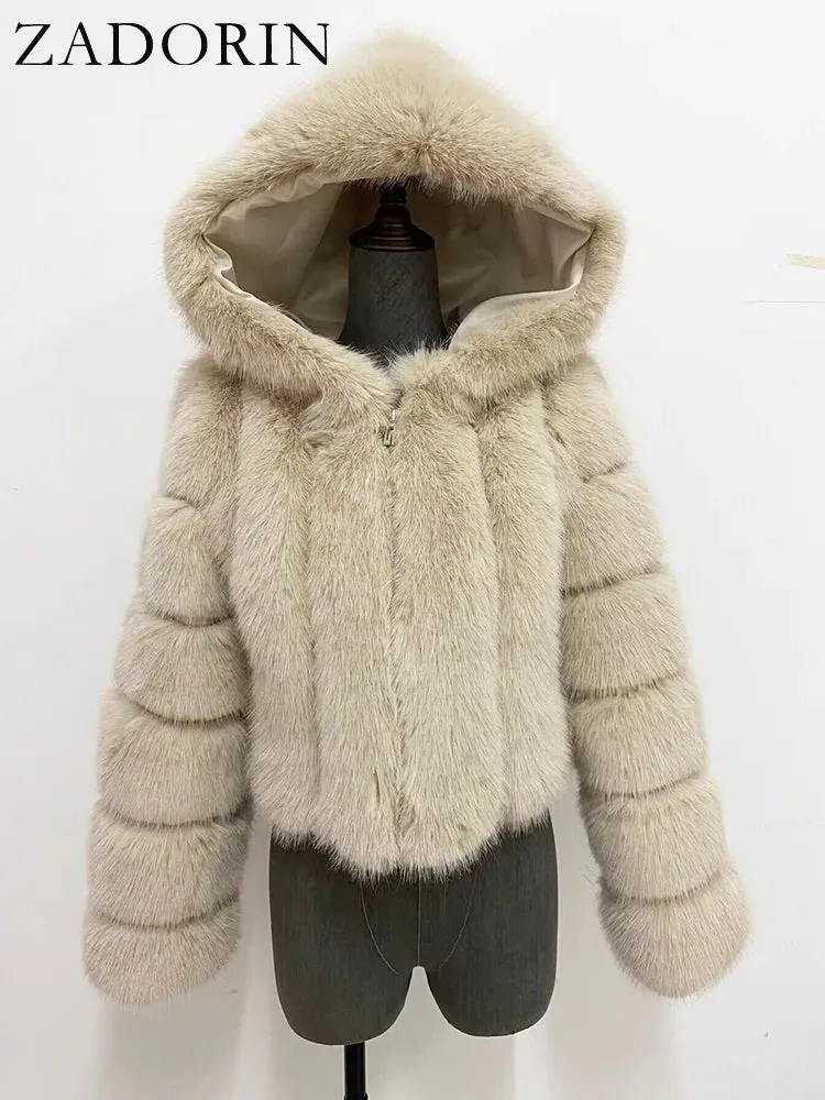 ZADORIN Winter Fur Top for Women Mink Coat Hooded Cropped Faux Fur Coat Women Fluffy Pink White Jacket Faux Fur Coats Outerwears