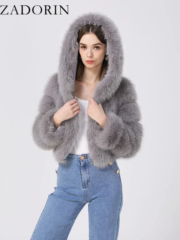 ZADORIN Winter Fur Top for Women Mink Coat Hooded Cropped Faux Fur Coat Women Fluffy Pink White Jacket Faux Fur Coats Outerwears